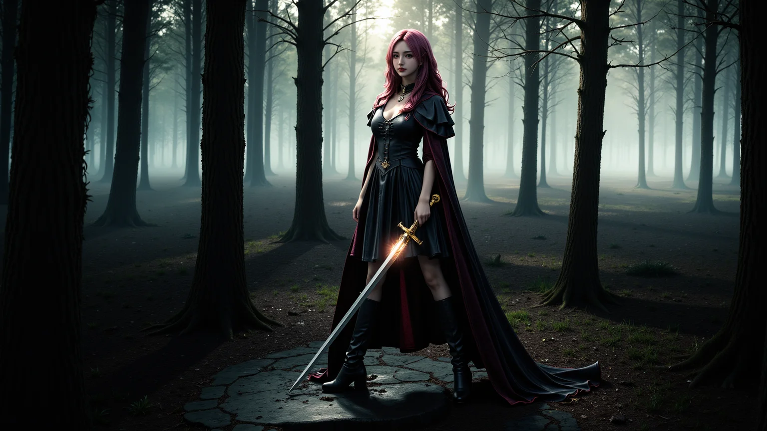 a long pink-haired wavy hair woman in a dark,misty forest. She stands confidently with a glowing sword,wearing a black,gothic-style dress with a flowing cape. The scene is eerie,with tall,bare trees and a dense fog. The woman's intense gaze and the dramatic lighting create a mystical atmosphere. The image combines elements of dark fantasy and medieval themes.,<lora:yuukananri-base-02-flux:0.8>,yuukananri,she has a slender physique and a petite build,,