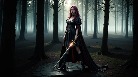a long pink-haired wavy hair woman in a dark,misty forest. She stands confidently with a glowing sword,wearing a black,gothic-style dress with a flowing cape. The scene is eerie,with tall,bare trees and a dense fog. The woman's intense gaze and the dramatic lighting create a mystical atmosphere. The image combines elements of dark fantasy and medieval themes.,<lora:yuukananri-base-02-flux:0.8>,yuukananri,she has a slender physique and a petite build,,