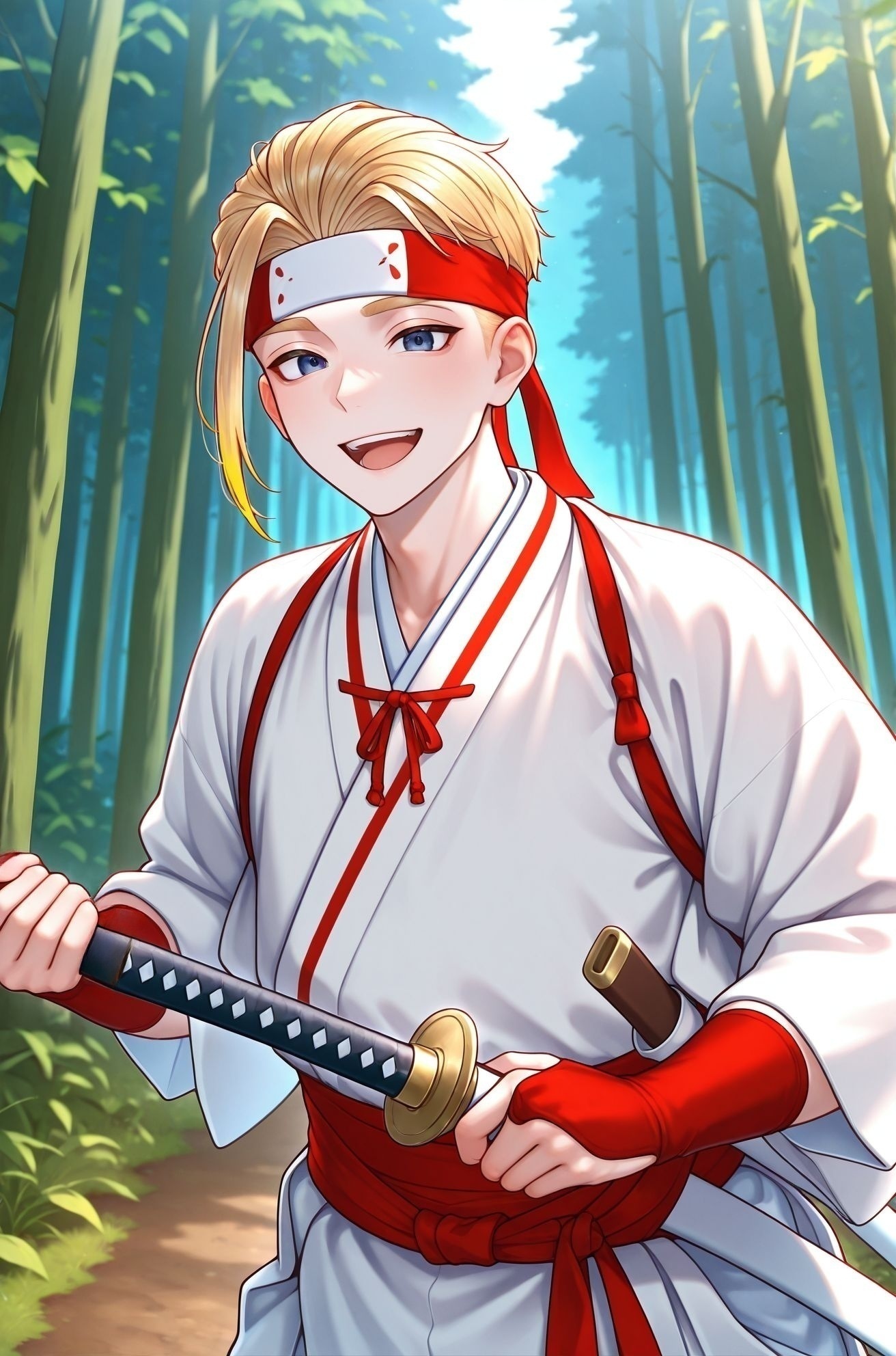 masterpiece,best quality,amazing quality,very aesthetic,absurdres,newest, huge filesize,
<lora:spo_sdxl_10ep_4k-data_lora_webui:0.5>,
<lora:add-detail-xl:1>
Japan medieval ,  outdoors, forest, 
<lora:jigokuraku_V1:1>j_V1,
weapon,
1boy,male focus,
sword,blonde hair,
headband,dark blue eyes,
japanese clothes,
solo,smile,open mouth,
katana,sheath,red headband,sheathed,
short hair,kimono,j_tenza,