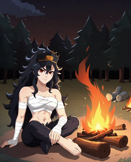 Daidouji,black long hair,messy hair,mole under eye,red eyes,
hat,white sarashi,hand bandages,black pants,gold crossed belts,navel,bare shoulders,
sitting,night,campfire,
woods,
<lora:Daidouji157:0.8>,