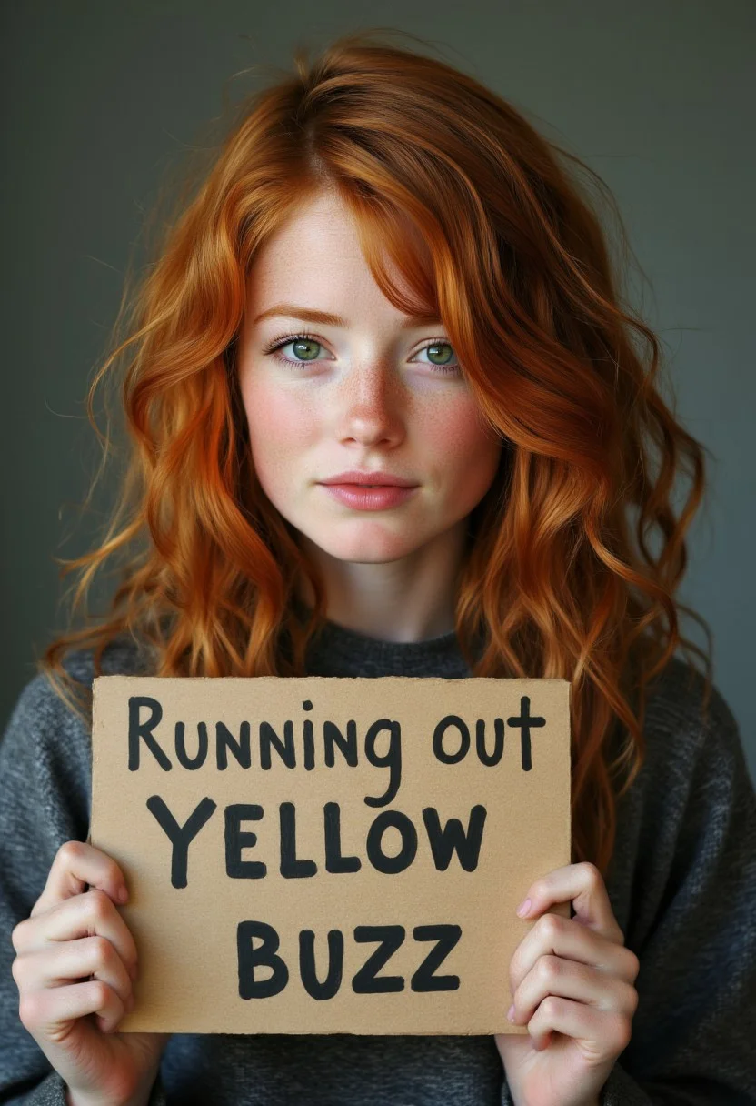 FictionalSabrina girl with red head girl with green eyes . crying and holding a sign that says "Running out of yellow buzz"