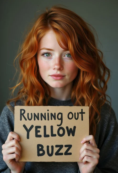 FictionalSabrina girl with red head girl with green eyes . crying and holding a sign that says "Running out of yellow buzz"