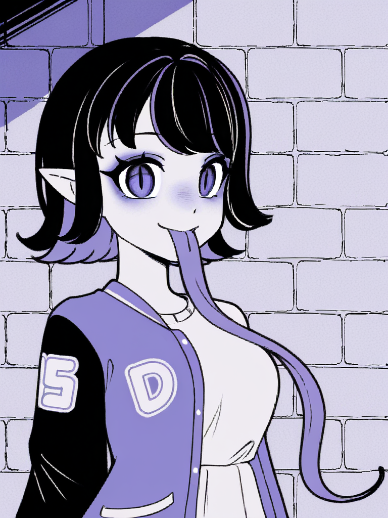 1girl, monochrome, purple theme, 

medium hair, black hair, two tone hair, purple hair,
white t-shirt, varsity jacket, 
looking at viewer, smile, closed mouth, very long tongue, tongue out, slit pupils, pointy ears, 
brick wall, upper body, 
