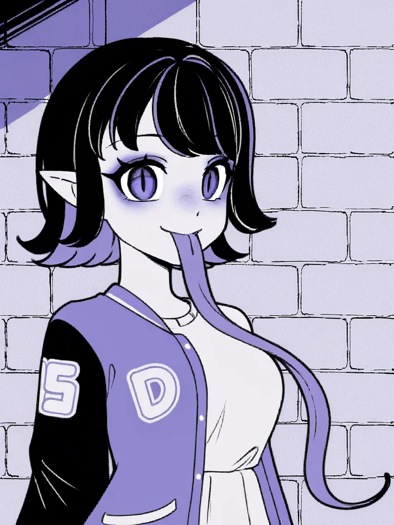 1girl, monochrome, purple theme,
medium hair, black hair, two tone hair, purple hair,
white t-shirt, varsity jacket,
looking at viewer, smile, closed mouth, very long tongue, tongue out, slit pupils, pointy ears,
brick wall, upper body,