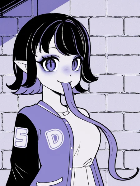 1girl, monochrome, purple theme,
medium hair, black hair, two tone hair, purple hair,
white t-shirt, varsity jacket,
looking at viewer, smile, closed mouth, very long tongue, tongue out, slit pupils, pointy ears,
brick wall, upper body,