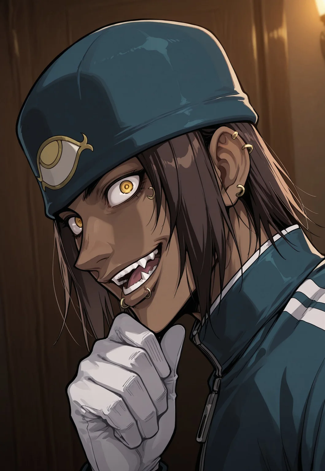 masterpiece, best quality, amazing quality, very aesthetic, absurdres, JanValentine, 1boy, male focus, brown hair, medium hair, yellow eyes, dark skin, anti-eyebrow piercing, ear piercing, nose piercing, lip piercing, multiple piercings, blue beanie, eye symbol, blue track jacket, white gloves, looking at viewer, portrait, hand up, crazy eyes, fangs, from side, laughing