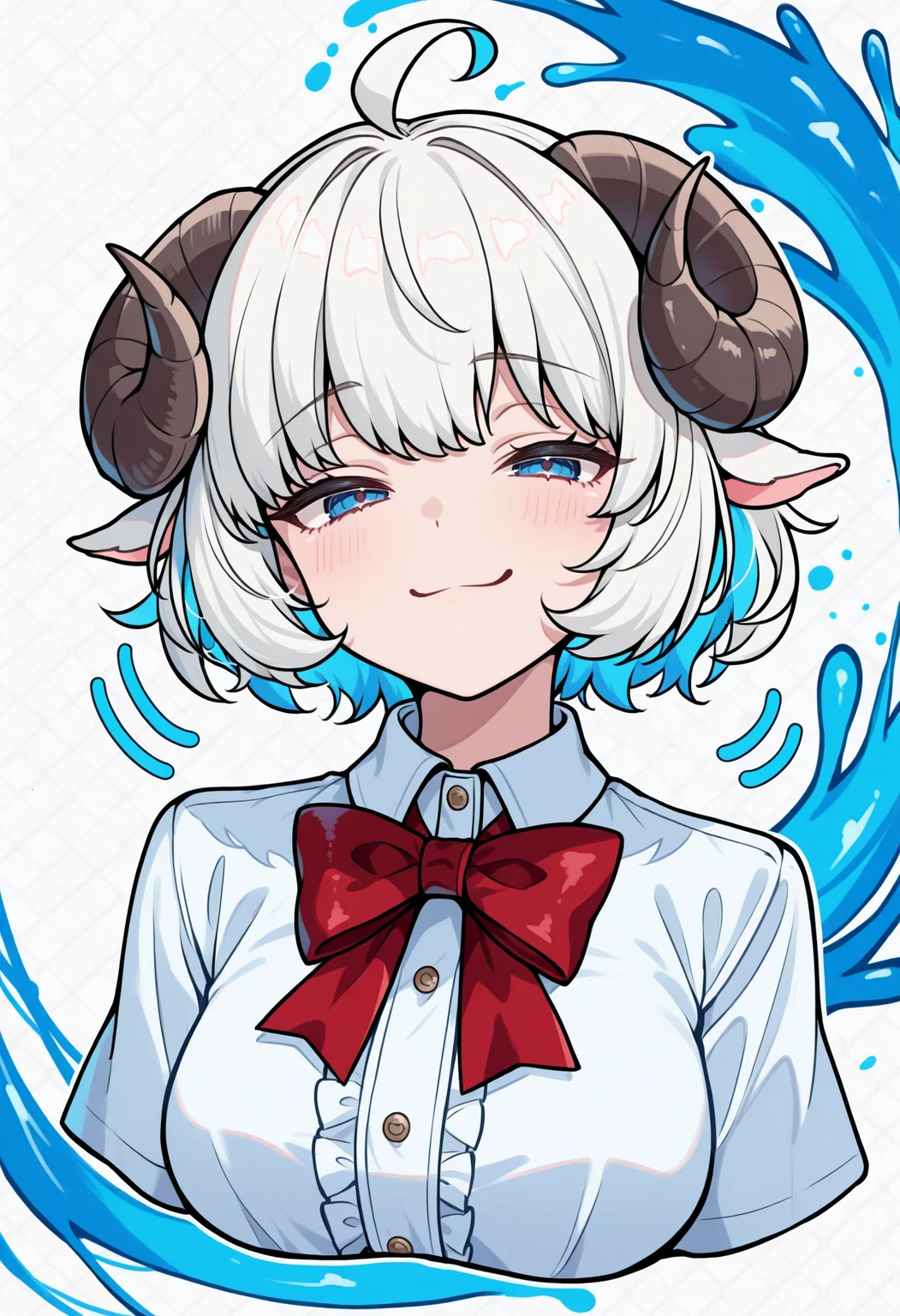 masterpiece, best quality, 1girl, solo, blue eyes, white hair, short hair, ahoge, messy hair, sheep horns, sheep girl, red bowtie, collared shirt, abstract, intricate details, chromatic aberration, swirling motions, explosive effect, smile, cropped torso, smug, splash of color, color splash, blue theme, red theme