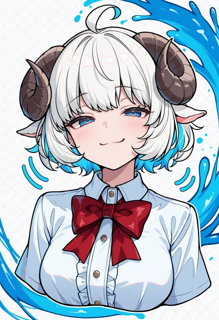 masterpiece, best quality, 1girl, solo, blue eyes, white hair, short hair, ahoge, messy hair, sheep horns, sheep girl, red bowtie, collared shirt, abstract, intricate details, chromatic aberration, swirling motions, explosive effect, smile, cropped torso, smug, splash of color, color splash, blue theme, red theme