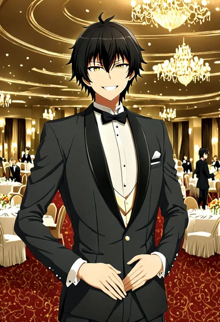 high resolution, solo, best quality, 1Boy, Seiya Kanie, black hair, short hair, thin, luxury hotel, Ballroom, tuxedo, smile, confident, OverallDetail