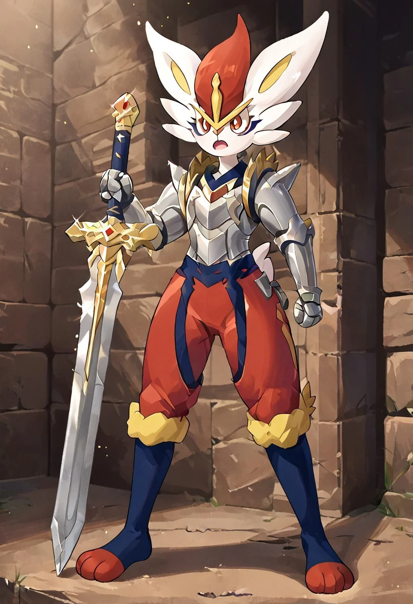 Cinderace, light steel armor, steel sword, planted-sword, holding sword