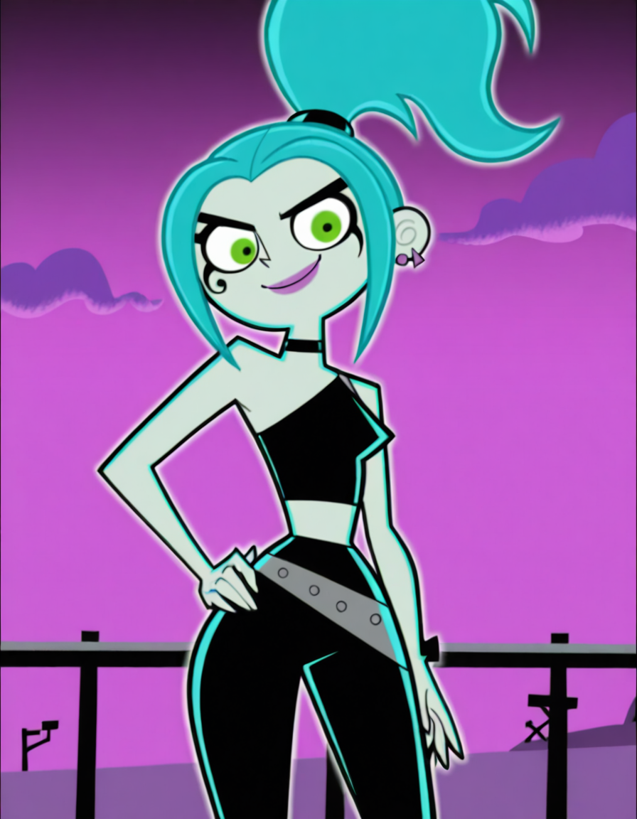 <lora:Ember_McLainIllustrious1.0JLFO:1> emberm, 1girl, blue hair, earrings, jewelry, ponytail, makeup, green eyes, solo, smile, lipstick, colored skin, choker, looking at viewer, hand on own hip, cowboy shot,, masterpiece, best quality, amazing quality, very aesthetic, absurdres