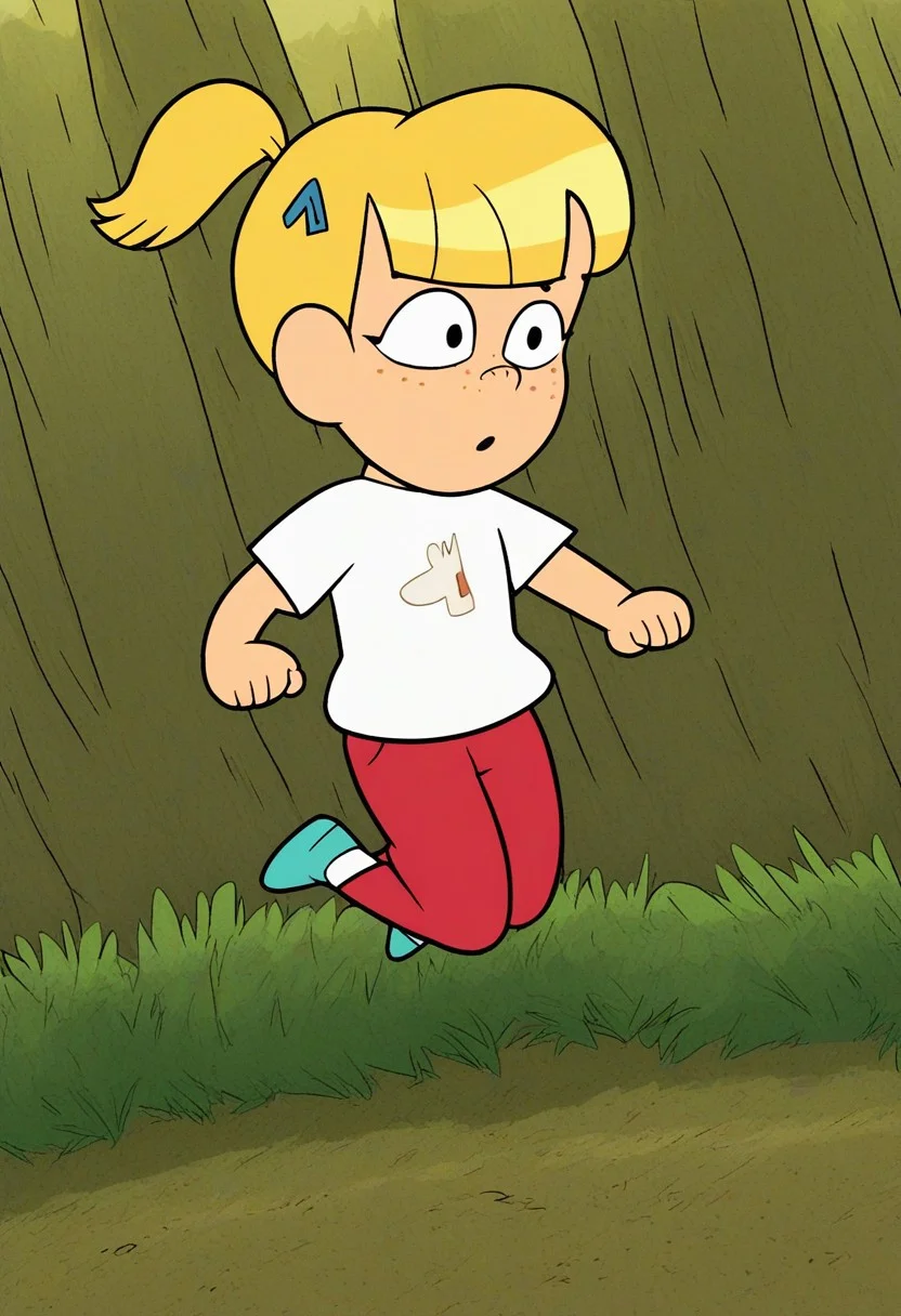 score_9, solo, Mackenzie_cotc, blonde hair, freckles, ponytail, shirt, forest, running, jumping obstacles, determinated to win a Race, focused, dynamic view, movement,