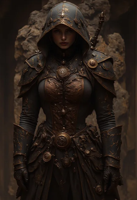 detailed renaissance oil painting, masterpiece, FredFraiStyle, female japanese ninja assassin, hood, chiascuro, silhoutetted, weapons, directional lighting, masterpiece, perfect composition, perfect hands, cowboy shot