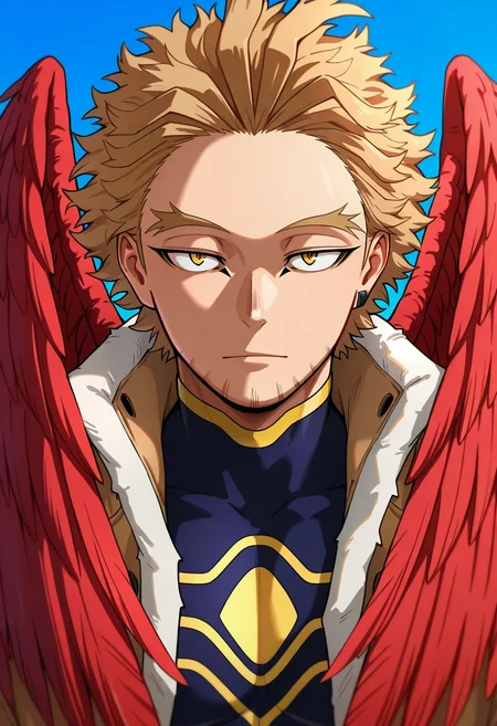 masterpiece, best quality, , (photorealistic:0.6), looking at viewer, 1boy, solo, male focus, <lora:keigo_takami_ilxl:0.98>, keigo_takami, hawks \(boku no hero academia\), blonde hair, yellow eyes, short hair, facial hair, stubble, wings, feathered wings, red wings, ,