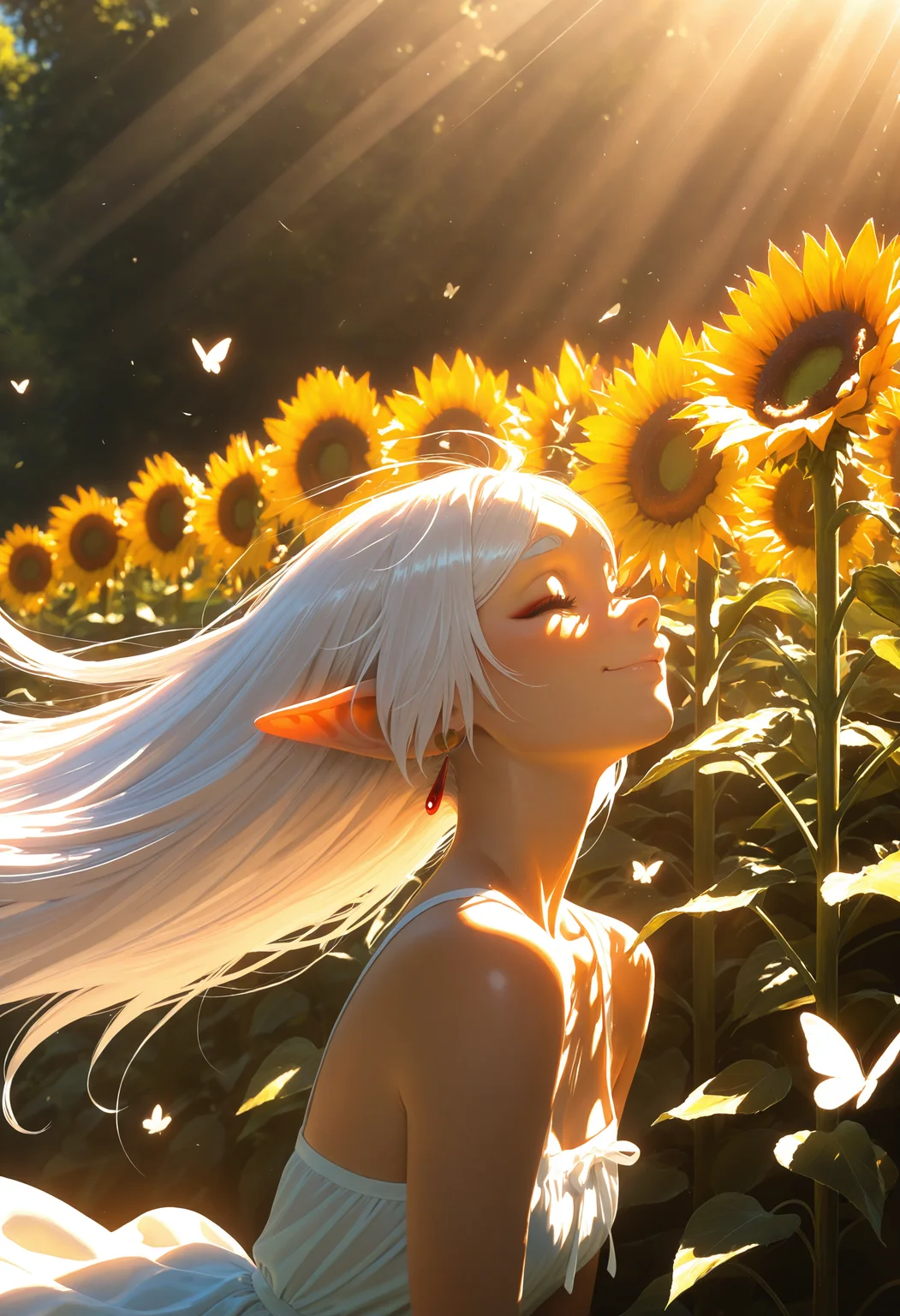 HDR,8K,high contrast,masterpiece,best quality,amazing quality,very aesthetic,realistic,newest,(artist:incase:0.1),(flat colors:1),sunlight,light,shadow,
close up,1girl,solo sexy woman,white hair,bangs,Frieren,eyeliner,perfect face,elegant,refined,small breasts,colorful sundress,shy smile,dynamic pose,volumetric lighting,cinematic lighting,outdoors,festival,nature,blooming,sunflower,wind,spring,beautiful lighting,warm sunshine,adult,mature,hime-cut,butterflies,looking up in sun,closed eyes,enjoying sunlight,very awa,masterpiece,highres,absurdres,Flatline,Flat vector illustration,no lineart,no outline,,<lora:Dramatic Lighting Slider:5>,<lora:Smooth_Booster_v2:0.3>,