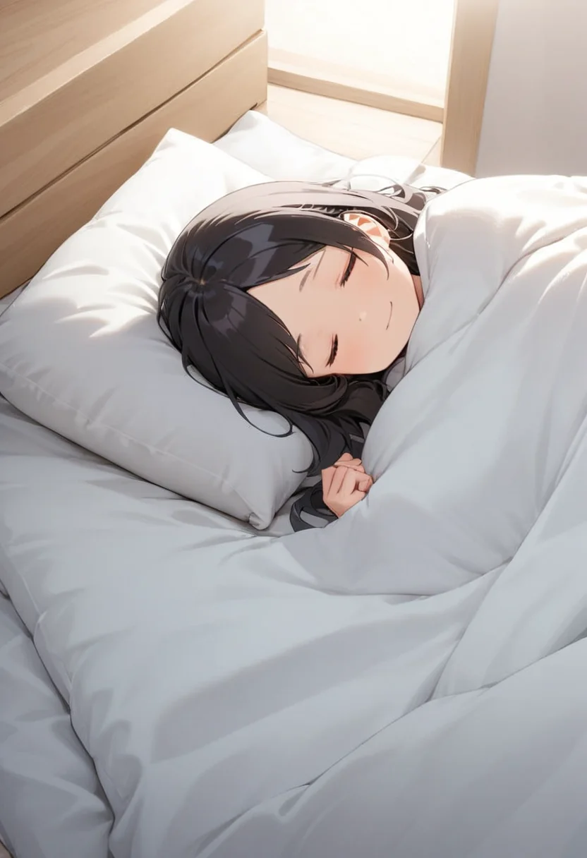 1girl, black hair, long hair, happy, light smile,
futon, pillow, closed eyes, bed, sleeping, lying, under covers, blanket,
masterpiece, best quality, ultra-detailed, illustration,
<lora:kakebuton_SDXL_V1:0.8>