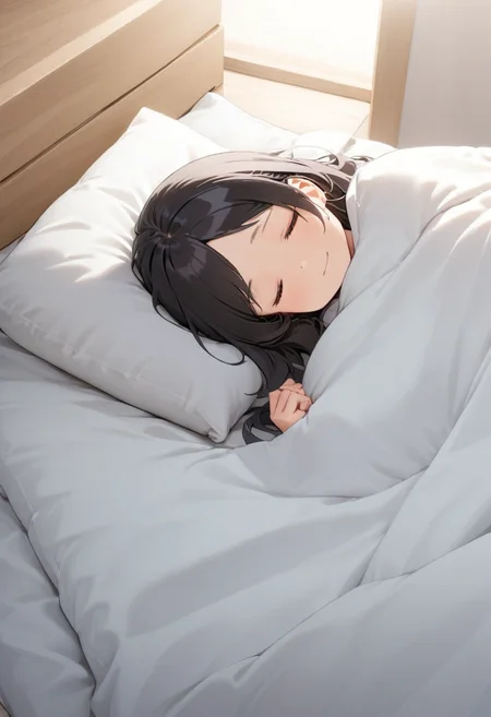 1girl, black hair, long hair, happy, light smile,
futon, pillow, closed eyes, bed, sleeping, lying, under covers, blanket,
masterpiece, best quality, ultra-detailed, illustration,
<lora:kakebuton_SDXL_V1:0.8>