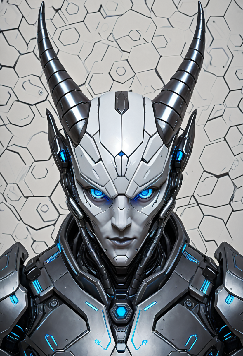 Alien-themed hair, forehead, eyebrows, eyes, nose, lips, neck, collarbone, concept art theme, a white hexagonal background with a lot of hexagonal tiles on it's sides and a white background, (22:0.9090909090909091), a photo, Android Jones, a1bs2trac1t, background, aura, . Extraterrestrial, cosmic, otherworldly, mysterious, sci-fi, highly detailed, hexagon, alien, humanoid robot, blue eyes, no humans, realistic, portrait, science fiction, robot,
A futuristic character from the video game apex legends. the character is shown in three different poses, with the left side showing the character's face and the right side showing its body. the character has a large head with sharp teeth and blue eyes. it has two horns on either side of its head, which are pointed upwards. the horns are made of metal and have intricate designs on them. the body is covered in a metallic armor-like material, with a black and silver color scheme. the armor appears to be made of a combination of metal and glass, giving it a futuristic and futuristic look. there are also several smaller images and text scattered around the character, including a close-up of his face, a pair of blue eyes, and a larger image of his face with a more detailed design.
 <lora:a1bs2trac1t:1><lora:a1bs2trac1t :1>