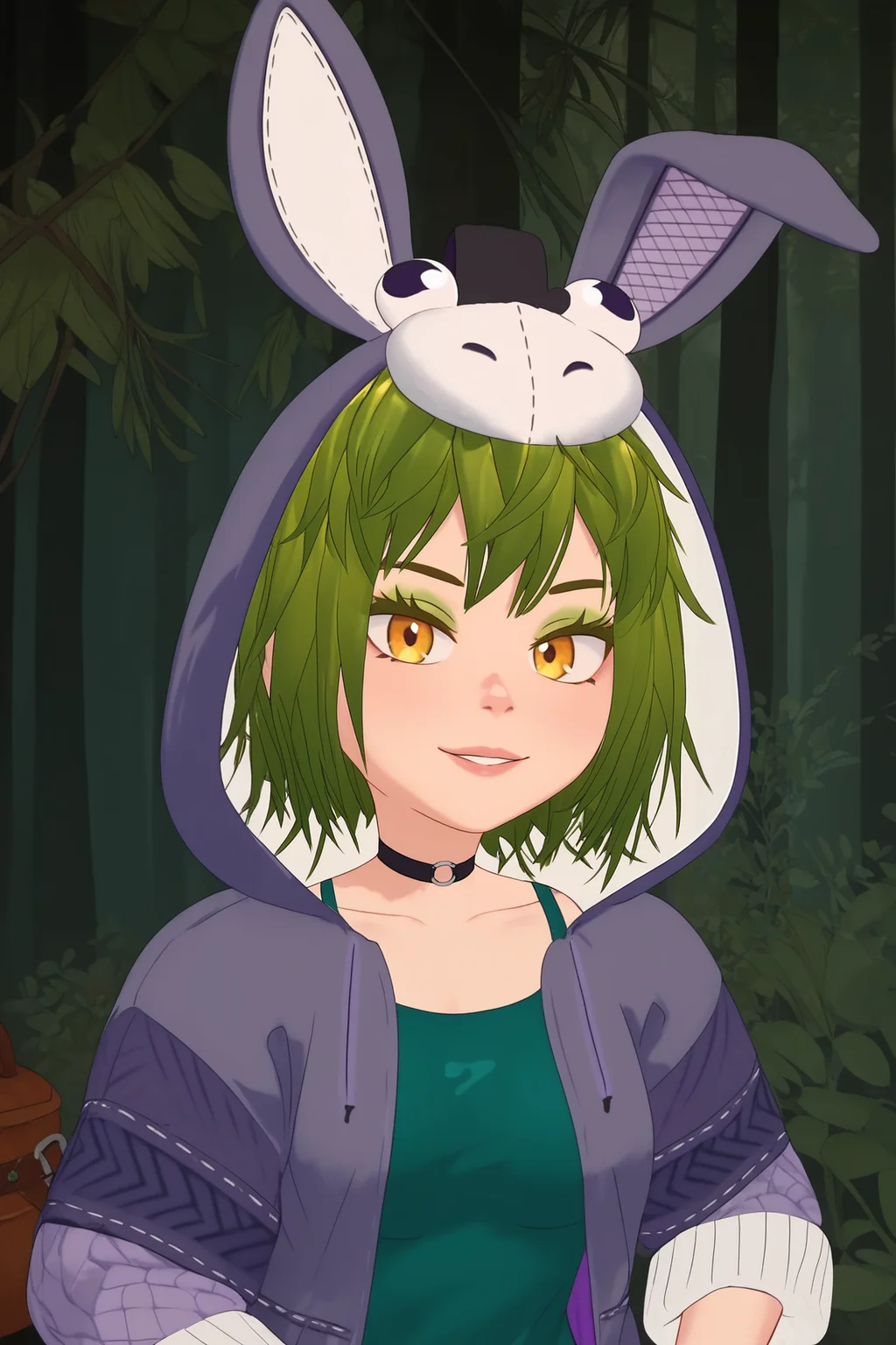 score_9, score_8_up, score_7_up, score_6_up, BREAK, RyumiVTXL, green eyeshadow, yellow eyes, green hair, short hair, bangs, black choker, medium breasts, purple jacket, animal hood, hood up, long sleeves, green tank top, denim shorts, white socks, purple shoes, solo, front view, (portrait, upper body), solo focus, seductive smile, looking at viewer, forest <lora:RyumiVTXL:1>