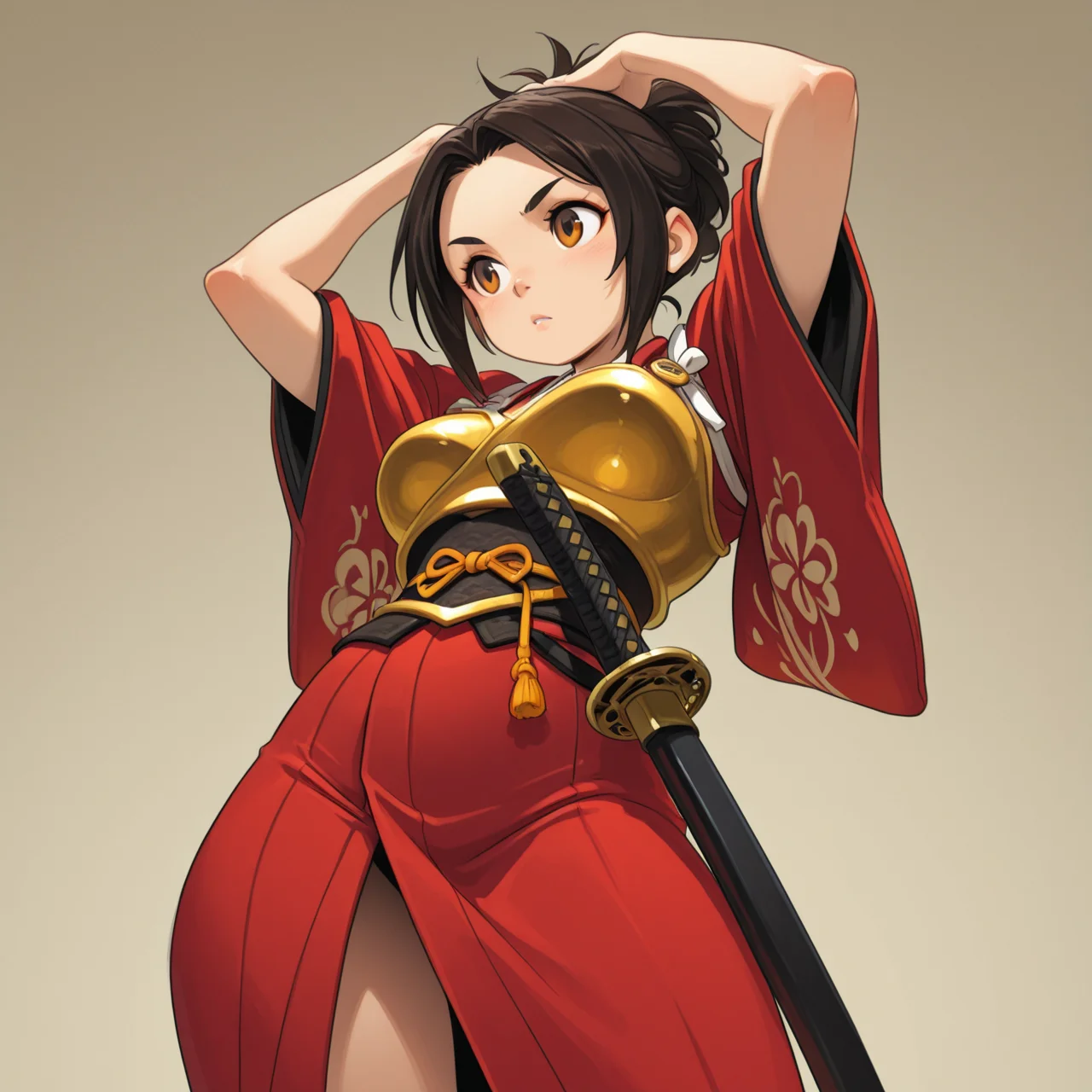 1girl,
Samurai-Inspired Kimono â Short red kimono, golden armor accents. (Pose: gripping katana hilt; Camera: from below; Setting: bamboo grove.)
<lora:DarkfireStyle11:1>