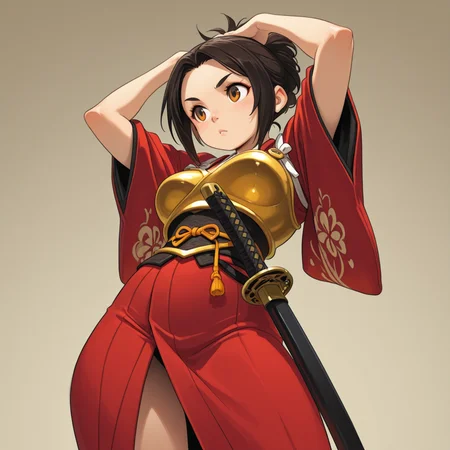 1girl, 
Samurai-Inspired Kimono â Short red kimono, golden armor accents. (Pose: gripping katana hilt; Camera: from below; Setting: bamboo grove.)
<lora:DarkfireStyle11:1>