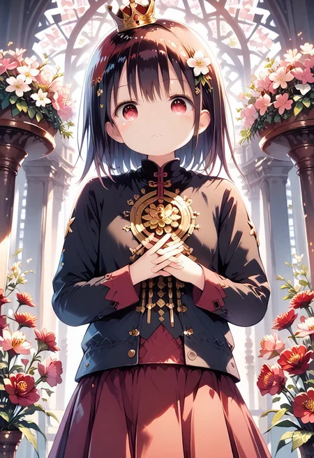 score_9, score_8_up, score_7_up, 1girl,FujisakaLP,high definition eyes, (masterpiece), (best quality), (ultra detailed),(disheveled hair),(illustration), (best shadow), detail1eye, 1girl, 8K animation, detailed fingers, precise fingers, not unnatural hands, illustration, 1 girl, solo, pink bob cut, gold crown, flower hair ornament, sagging eyes, red mini skirt, YUI