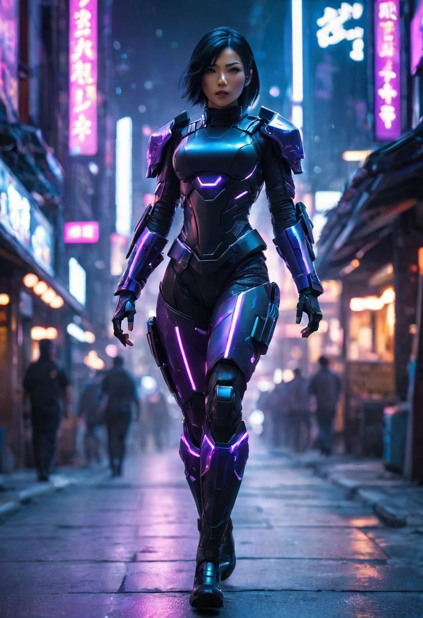 japanese woman, black hair, blurry, cyber ninja, cyberpunk district, lips, nose, realistic, science fiction, solo, full body, walk with determination, minimal armor, purple glowing light armor, mean human shape, bokeh blur, Cinematographic lighting