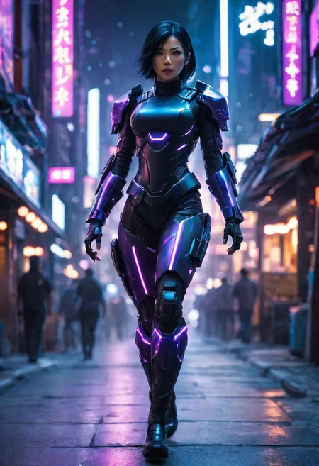 japanese woman, black hair, blurry, cyber ninja, cyberpunk district, lips, nose, realistic, science fiction, solo, full body, walk with determination, minimal armor, purple glowing light armor, mean human shape, bokeh blur, Cinematographic lighting