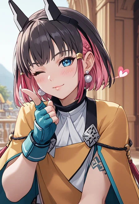 score_4,score_5,score_6,score_7_up,score_8_up,score_9 ((masterpiece,best quality,ultra detailed,highres,HD,4k:1.2)), 
1girl, solo,solo focus,girl focus,face focus,
multicolored hair,short hair,black hair,pink hair,blue eyes,tattoo,sidelocks,black head gear,black head ornaments,earrings,small breast,
upper body,
yellow cape,white shirt,fingerless gloves,shorts,black shorts,jewelry,
<lora:blowing-kiss-ponyxl-lora-nochekaiser:1>, blowing kiss, pucked lips, heart, one eye closed, o3o, looking at viewer, hand up,Pouting lips,pointing fingertips towards viewer, 
blush,shy,smile,Half-closed eyes, squinting, staring,jitome,