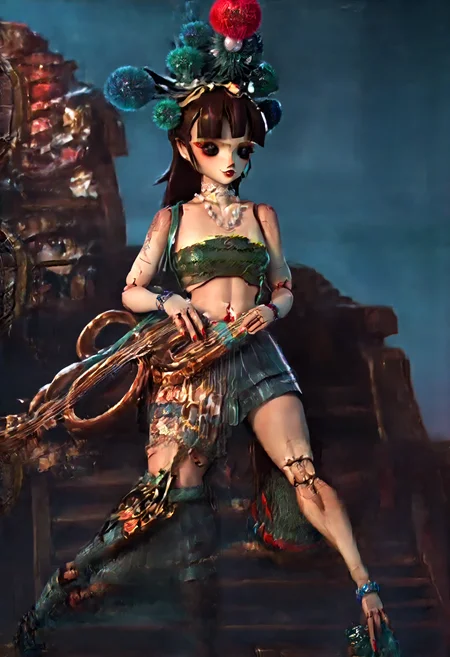score_9,score_8_up,score_7_up,score_6_up, pirate_gal, solo, 1girl, Pompomhat, jewelry. necklace, joints, bare shoulders, chocker, midriff, brown hair, long hair, blunt bangs, makeup, strapless, red lips, skirt, black eyes, tupe top, bracelet, hat, nail polish, standing, beach background, full body shot, <lora:pirate_gal_from_sea_of_remnant:1>