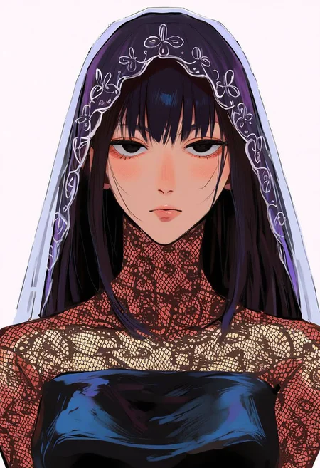 score_9, score_8_up, score_7_up, score_9,4k, HD, 8k, highres, BREAK, Sainttufa, 1girl, solo, emotionless, Osaragi, Black hair, long hair, black eyes, veil, black dress, mesh sleeves, see-through, black heels, arms at sides, half body, portrait, close up, looking at viewer, white background