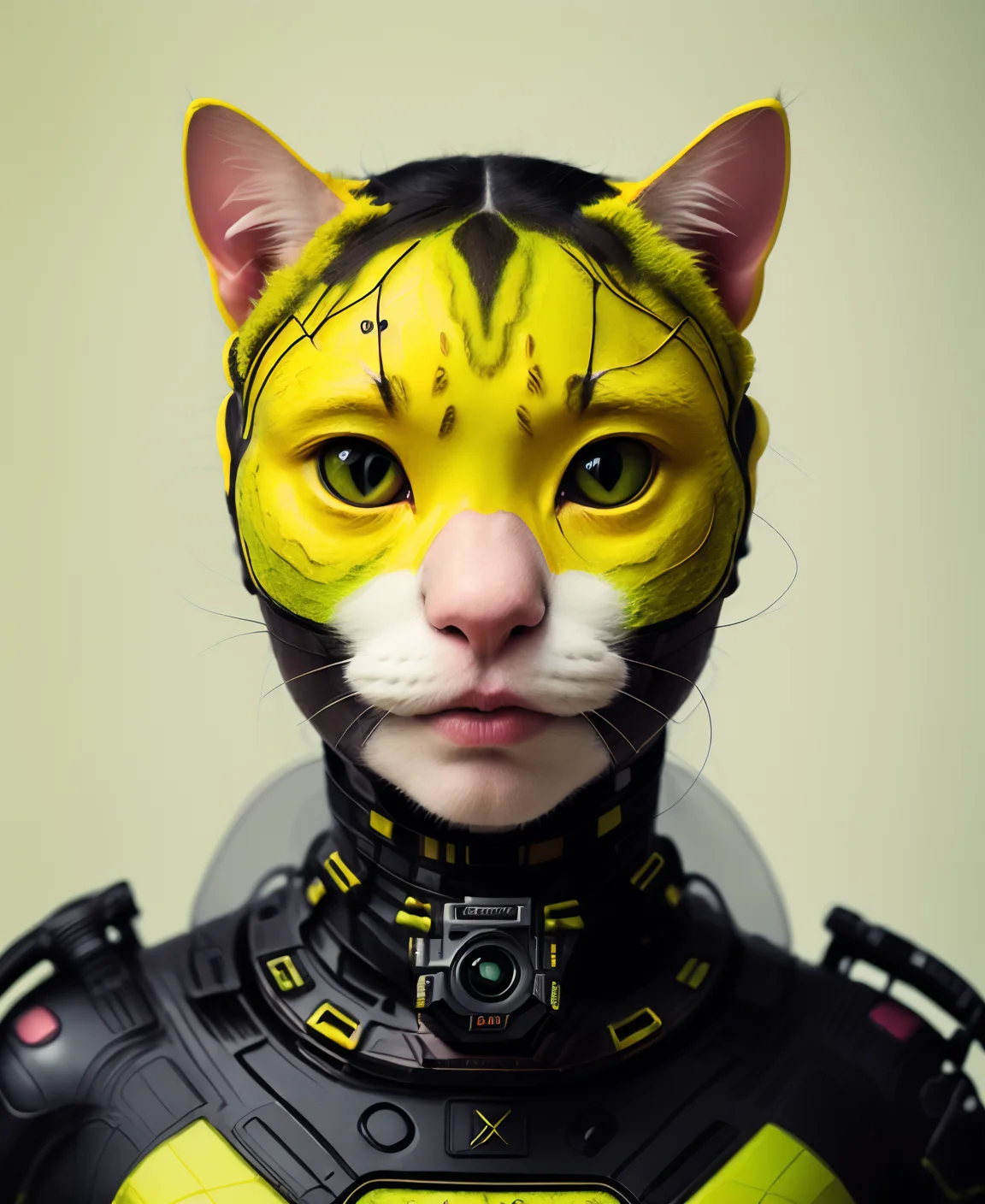 coulchat, raw candid cinema photography portrait, a woman cat, (photo in Floating islands:1.2) Central American Pigeon Blood Ruby Radium Real Life Super Hero self-acting lime green, by Nick Alm, ultra realistic textured skin, skin pores, hard focus, film grain, photographed with a Sony a7 III Mirrorless Camera, by photographer (yellow:1.2) <lora:epiNoiseoffset_v2:0.7> <lora:lora_coulchatV3:1>
