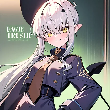 1girl, Melusine \(fate grand order\), fate grand order, solo, long hair, hat, white hair, pointy ears, yellow eyes, peaked cap, jacket, black gloves, hand on own hip, closed mouth, hair over one eye, looking at viewer, brown necktie, large breasts, eyes visible through hair, smile, long sleeves, side ponytail, gloves, upper body, light green hair, character name, necktie, breasts, english text, blush, black headwear, white jacket, 
masterpiece,best quality,  newest, absurdres, safe <lora:ag31_twin_fp8-000036:1>