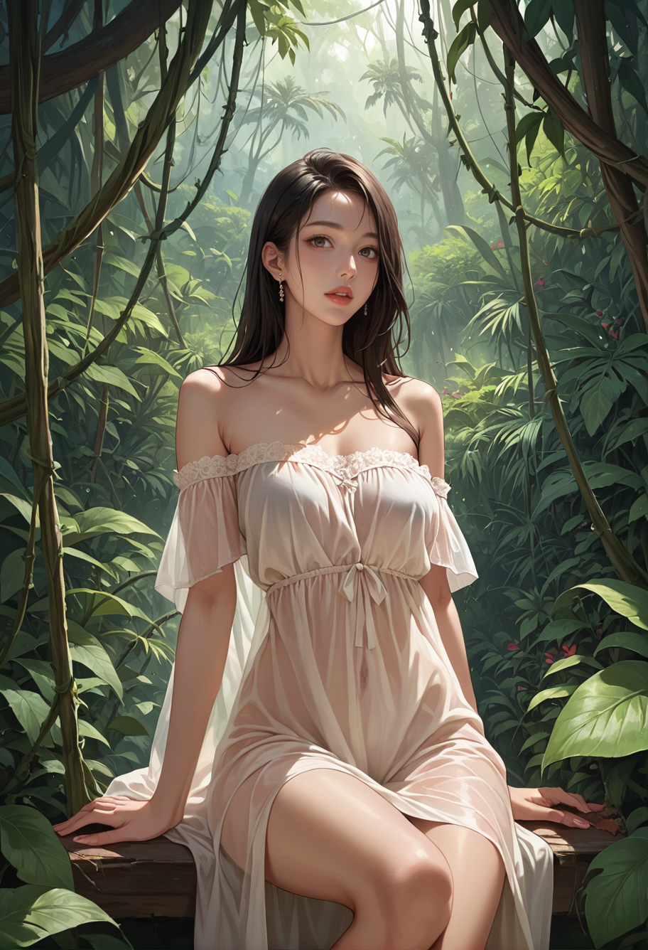 1girl,solo,,ruanyi0837,off-shoulder dress,see-through,jungle,bush,overgrown,vines,<lora:0837 One shoulder sequined tube top dress_v1_pony:1>, score_9,score_8_up,score_7_up,,8k,1girl,solo,,