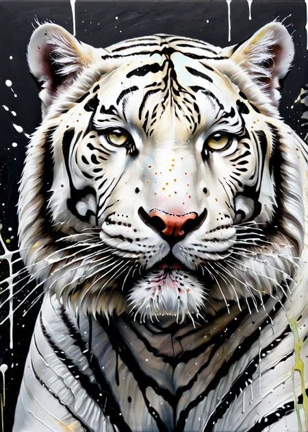 close-up of a white tiger, <lora:MS_AcrylicArt_V1_SDXL:0.8> acrylic_painting, painting, brush strokes, paint drops, paint splatter