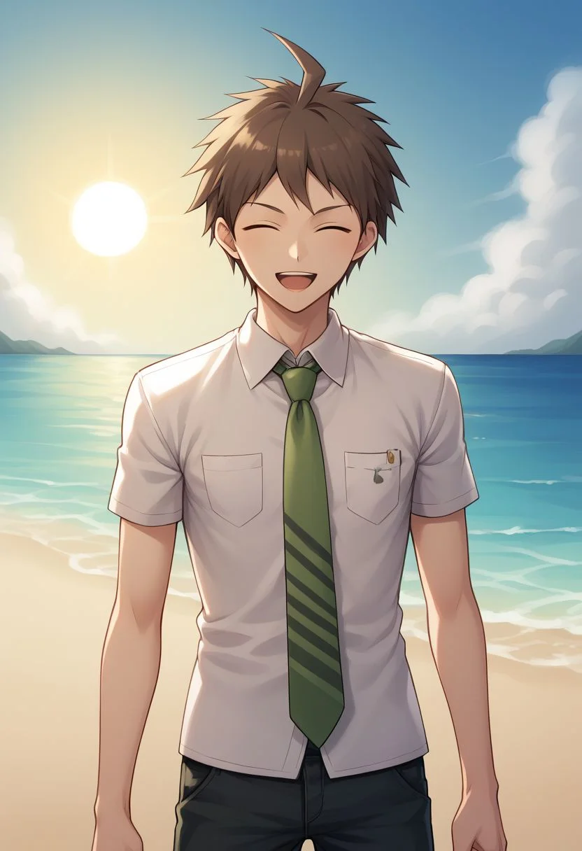 score_9, score_8_up, source_anime, highly detailed, 1boy, solo, skinny,
hinata, 1boy, male focus, solo, necktie, pocket, brown hair, short hair, pants, shirt, breast pocket, bangs, ahoge, short sleeves,
upper body, closed eyes, open mouth, upper teeth, happy,
outdoor, beach, sun,