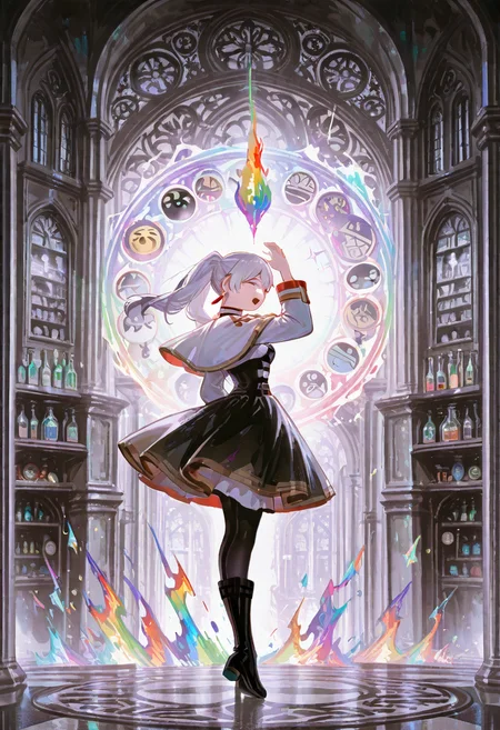 frieren_(sousou_no_frieren), 1girl, solo, wide_eyes, open_mouth, shocked_expression, magic_mishap, floating_cabbages, dancing_brooms, rainbow_flames, chaotic_background, comic_style, visual_pun, spellbook_panic, potion_explosion, static_hair, exaggerated_expression, facepalm_emoji, question_marks, sparkle_effects, absurdres, masterpiece, best_quality, highres
 <lora:people's_work:1> <lora:USNR STYLE_XL_lokr:1>