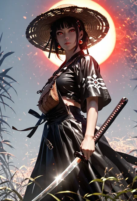 score_9, score_8_up, score_7_up, score_6_up, score_9, score_8_up, score_8, OverallDetail, Expressiveh, (anime_source) ( dynamic angle) very aesthetic, rating_questionable, raitng_explicit,
i want the whole image to be created in 3D anime style
Female samurai warrior,wearing large traditional straw hat,glowing red eyes,dark silhouette,detailed armor with technological elements,flowing tan and black robes,holding a katana,red sun setting in background,silhouette of bamboo plants,smoky misty environment,
detailed background, detailed body