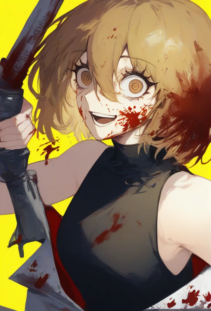 (score_9, score_8_up:1.1), score_7_up, masterpiece, <lora:Don_Quixote_Limbus_Company:1>, DonQuixoteLimbus, DonInquisitor, 1girl, solo, looking at viewer, smile, short hair, open mouth, bangs, blonde hair, simple background, brown hair, shirt, hair between eyes, bare shoulders, brown eyes, upper body, :d, sleeveless, black shirt, eyelashes, sleeveless shirt, blood, yellow background, blood on face, crazy eyes