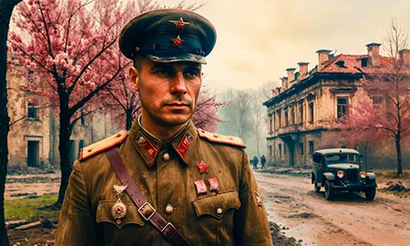 Watercolor style painting, waist up portrait of Soviet Soldier, WWII, Intricately Designed Soviet military uniform, NKVD, ultra-realistic body, soft lighting, spring blossom trees, city ruins, waist up, 8K, cinematic lighting, watercolor style illustration, subtle halftones, spring morning atmosphere, foggy morning after the war, shallow focus, red flag on the building in the distance, visible paper texture, colorwash, watercolor, cinematic still waist up portrait of Soviet Soldier, WWII, Intricately Designed Soviet military uniform, NKVD, ultra-realistic body, soft lighting, spring blossom trees, city ruins, waist up, 8K, cinematic lighting, watercolor style illustration, subtle halftones, spring morning atmosphere, foggy morning after the war, shallow focus, red flag on the building in the distance . emotional, harmonious, vignette, 4k epic detailed, shot on kodak, 35mm photo, sharp focus, high budget, cinemascope, moody, epic, gorgeous, film grain, grainy, watercolor painting waist up portrait of Soviet Soldier, WWII, Intricately Designed Soviet military uniform, NKVD, ultra-realistic body, soft lighting, spring blossom trees, city ruins, waist up, 8K, cinematic lighting, watercolor style illustration, subtle halftones, spring morning atmosphere, foggy morning after the war, shallow focus, red flag on the building in the distance . vibrant, beautiful, painterly, detailed, textural, artistic