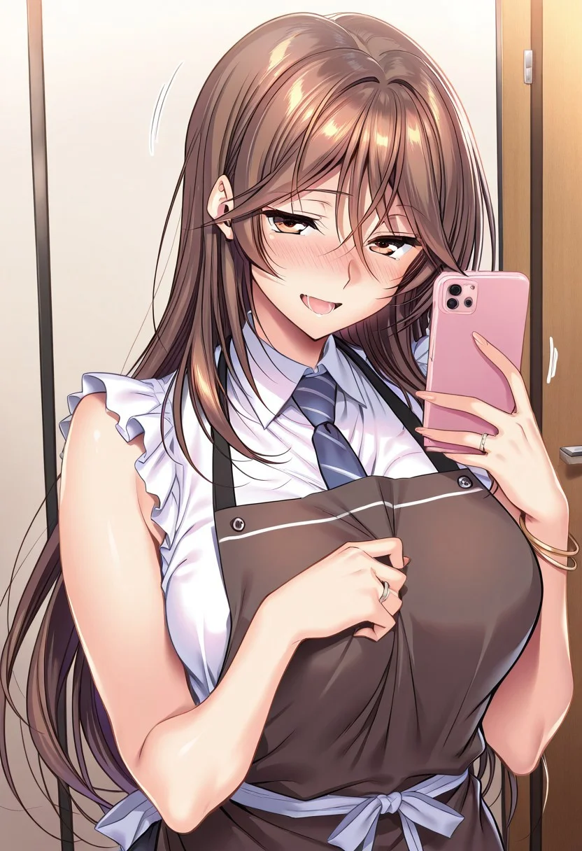 general,highres, ultra-detailed,very aesthetic,best quality ,best hands,masterpiece, best quality, newest, highres, score_9, score_8_up, score_7_up, source_anime, rating_explicit,1girl, yokota mamoru style,motion lines,Very straight nose,slim,slender face,perfect nose,torogao,seductive smile,looking at the viewer
Ichinose Honami,Brown hair, hair Parted to Side, Sidehair, Spiky Bangs, Waist Length hair,long hair,amber eyes,slim
1girl, solo, long hair, phone, apron, cellphone, jewelry, necktie, brown hair, blush, holding, holding phone, ring, brown eyes, open mouth, sleeveless, smartphone, shirt, breasts, hair between eyes, sleeveless shirt, indoors, bracelet, large breasts, very long hair, white shirt, collared shirt, bangs, upper body, embarrassed