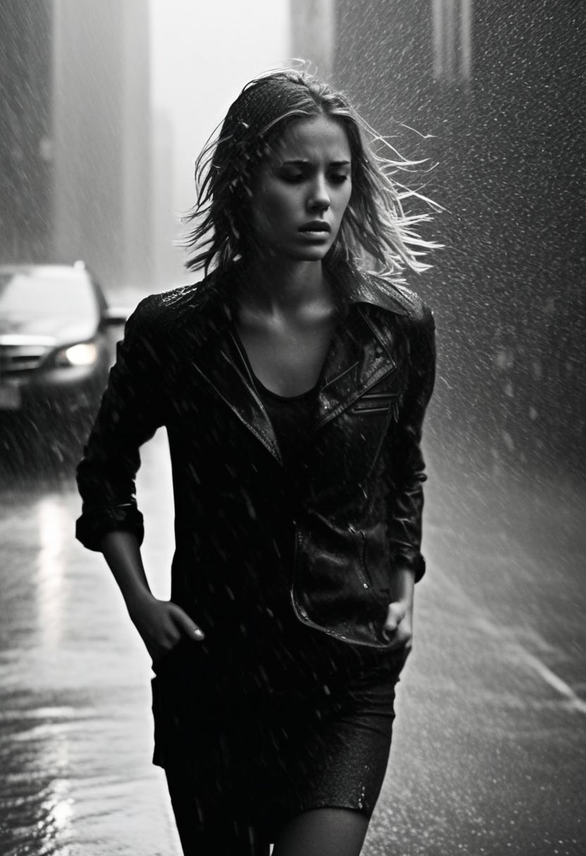 Captivating black and white photo of a melancholic young woman in the midst of a stormy city street, tears trickling down her face mingled with the falling rain, captured in an energetic stance, zoning and exposure rule of thirds, cinematic noir tone, striking contrasts, volumetric lighting casting shadows and adding depth, painstaking sharpness