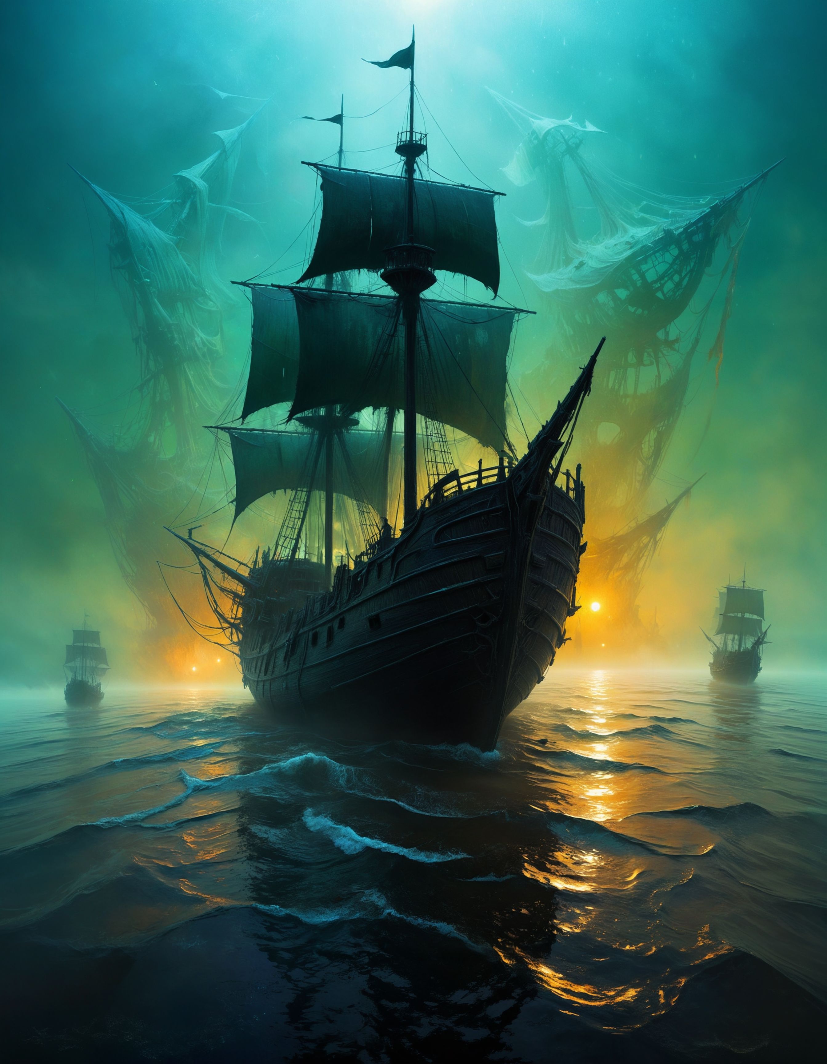 by Abigail Larson, by Zdzislaw Beksinski, by H. R. Giger, by Stephan Martiniere, a haunted ghost ship sailing through a foggy sea, with tattered sails and glowing ethereal figures, in the (style of Cel Shaded Art:1.6), limited dark color palette, unusual colors, highly dramatic volumetric lighting, BREAK (professional, finest details, maximized details, ultimate detail level, masterpiece, best quality:1.5), BREAK, (highly artistic, highly painterly, harmonic colors, expressive, ultimate aesthetic level, visible brushstrokes, masterclass artistry:1.5)
<lora:xl_more_art-full_v1:0.5> <lora:- SDXL - vanta-black_contrast_V3.0:0.4> <lora:SDXL_black_and_color_Sa_May:0.5> dark, black and color <lora:sss:0.7> sss