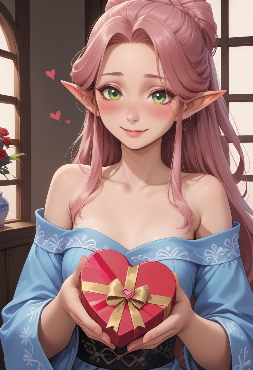 score_9, score_8_up, score_8, perfect detailed face, eyeliner, detailed fingers, detailed eyes. 1girl, sexy elf woman, slim, small breasts, long hair, pink hair, updo hair, green eyes, heart-shaped box, holding, box, gift, valentine,blush, shy smile, shy, zen garden, blue kimono, bare shoulders, hearts, close up