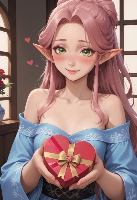 score_9, score_8_up, score_8, perfect detailed face, eyeliner, detailed fingers, detailed eyes. 1girl, sexy elf woman, slim, small breasts, long hair, pink hair, updo hair, green eyes, heart-shaped box, holding, box, gift, valentine,blush, shy smile, shy, zen garden, blue kimono, bare shoulders, hearts, close up