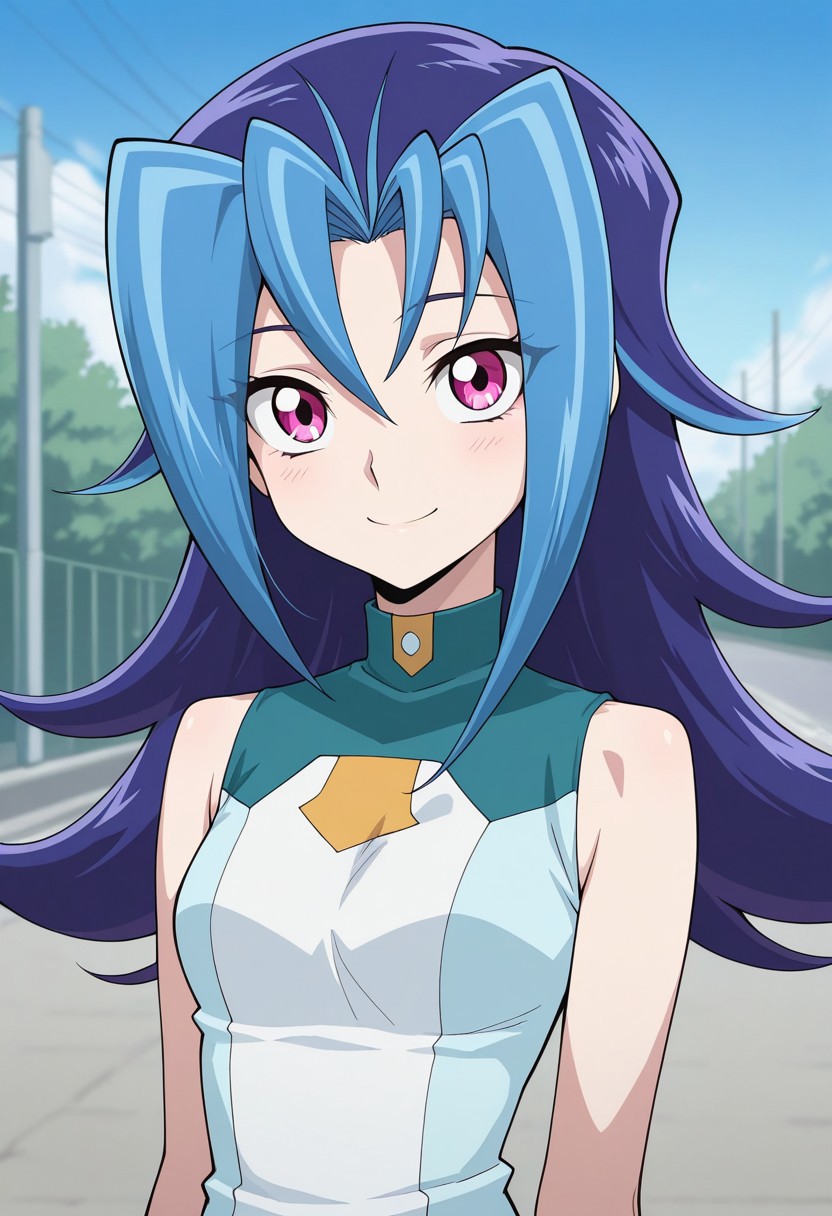 masterpiece,best quality,amazing quality, source_anime,
rioKamishi, 1girl, solo, pink eyes, multicolored hair, purple hair, blue hair, long hair, school uniform, shirt, multicolored shirt, sleeveless, smile,
outdoor,