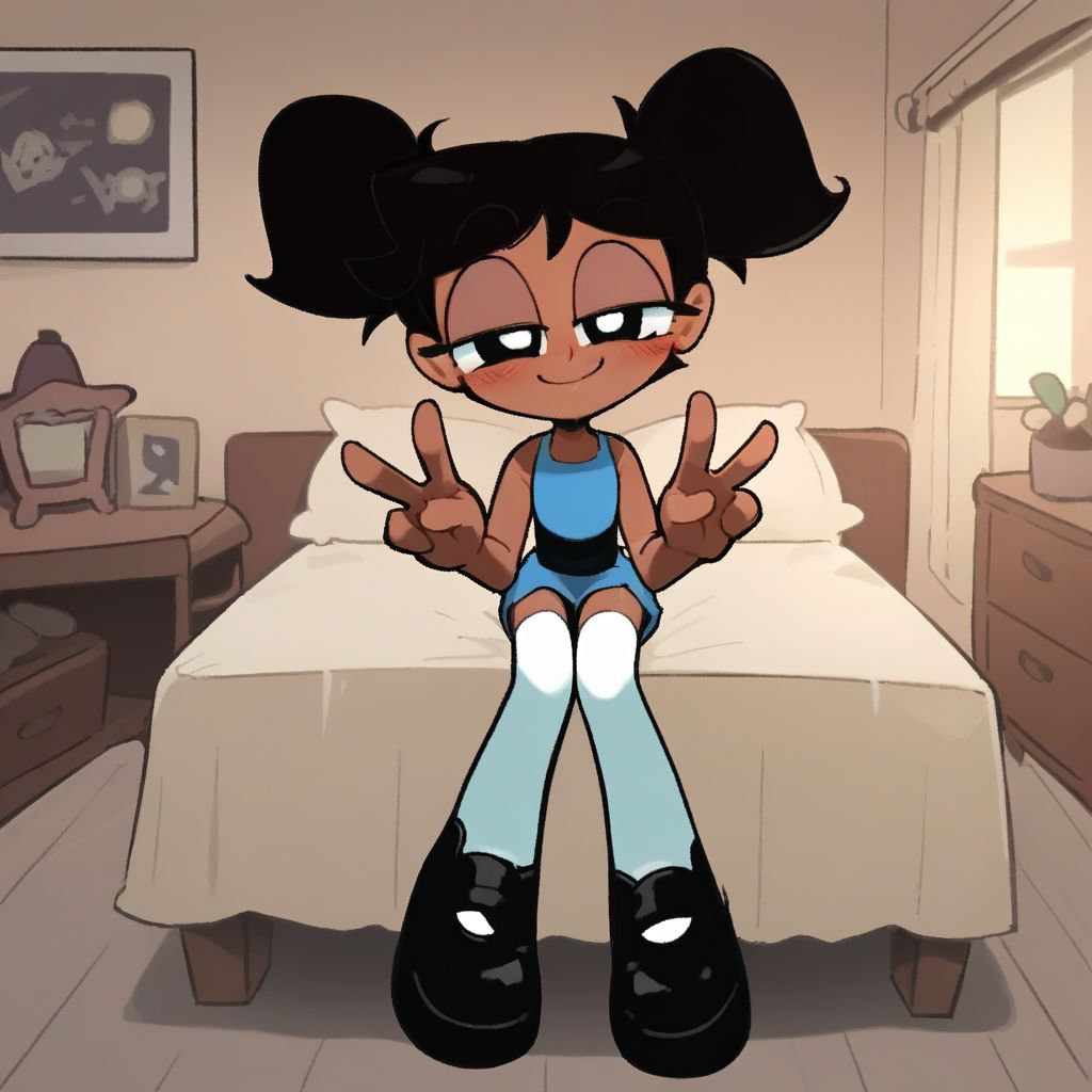 score_9, score_8_up, score_7_up, score_6_up, score_5_up, score_4_up, BREAK, source_anime, connie_maheswaran, indoors, short twintails, black hair, small breasts, black footwear, white thighhighs, smile, smug, blush, blue top, sleeveless, blue miniskirt, peace sign, pantsless, powerpuff, dark-skinned female, 1girl, sitting, indoors, living room, on bed,