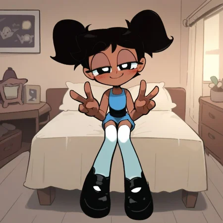 score_9, score_8_up, score_7_up, score_6_up, score_5_up, score_4_up, BREAK, source_anime, connie_maheswaran, indoors, short twintails, black hair, small breasts, black footwear, white thighhighs, smile, smug, blush, blue top, sleeveless, blue miniskirt, peace sign, pantsless, powerpuff, dark-skinned female, 1girl, sitting, indoors, living room, on bed,