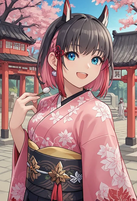score_4,score_5,score_6,score_7_up,score_8_up,score_9
((masterpiece,best quality,ultra detailed,highres,HD,4k:1.2)),
1 cute girl,girl forcus,
Kirin,multicolored hair,short hair,black hair,pink hair,blue eyes,tattoo,sidelocks,black head gear,black head ornaments,
Pink kimono, floral kimono, black obi,
shrine, torii gate,
happy, smile, open mouth,