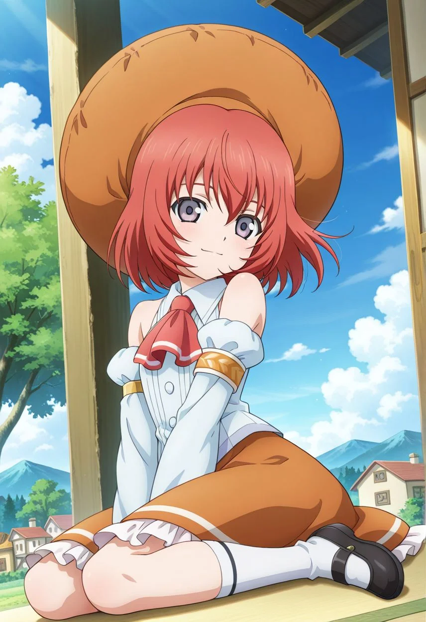 detailed eyes, beautiful, detailed background, perfect eyes,
source_anime, very aesthetic, anime coloring, masterpiece, official art,
<lora:HandFineTuning_XL:1>
BREAK,
trees, village, flowers, floating hair,
full body, sitting, light smile, hand on hair,
dynamic angle, 
BREAK,
BREAK,
<lora:seles_illustrious_v01:0.95>
orange headwear, orange hat, red hair, short hair, grey eyes, hair between eyes, sidelocks, red ascot, white shirt, sleeveless, detached sleeves, orange skirt, frills, white socks, black loafers,